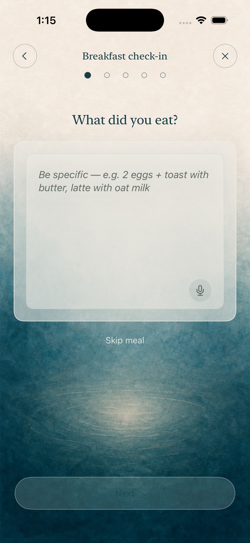 Aumery breakfast check-in with a natural-language entry field and voice button