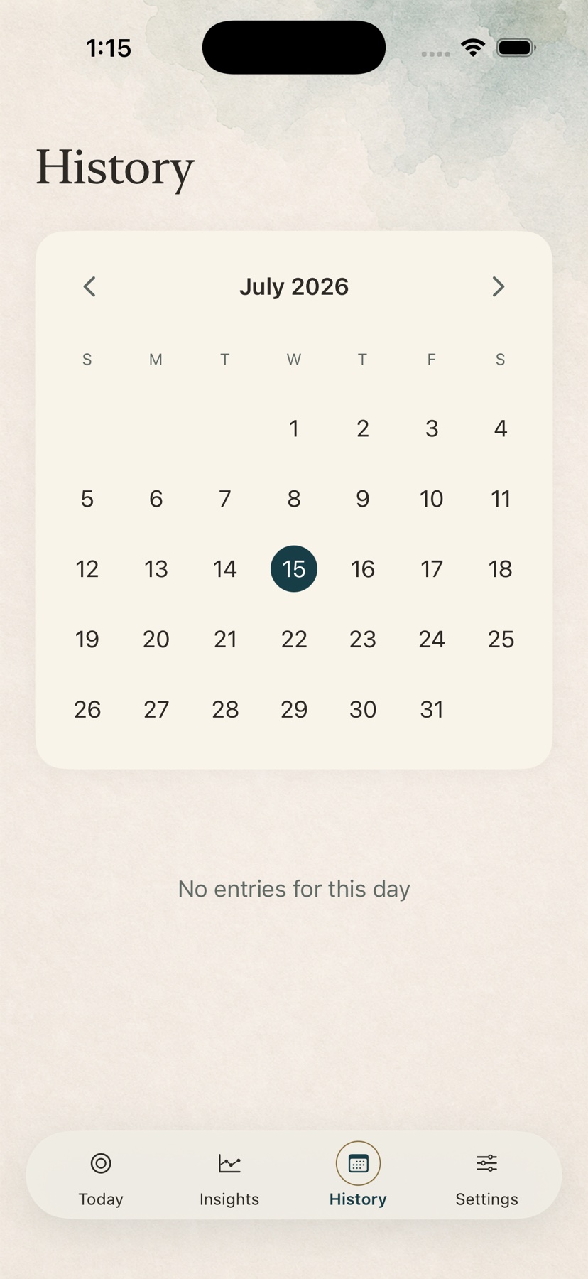 Aumery History showing a calm monthly journal calendar