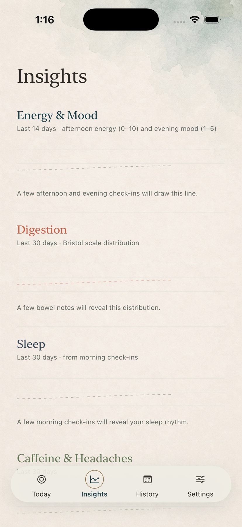 Aumery Insights showing gentle empty states for energy, mood, digestion, and sleep